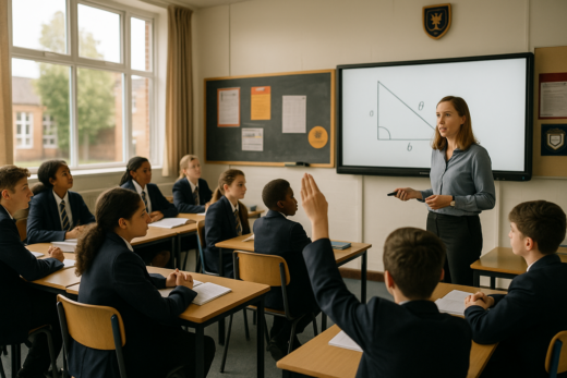 Teacher leading UK class with uniformed pupils