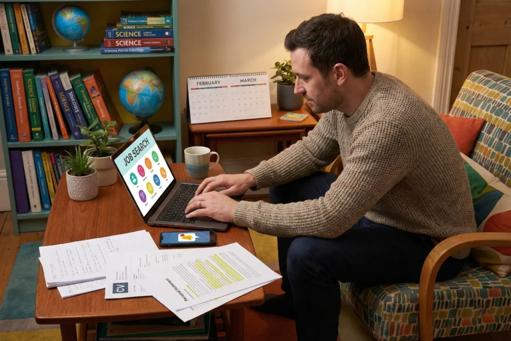 A science teacher sits in a colourful living room as he searches teaching vacancies on a laptop and checks job alerts on his phone. The desk holds a CV, interview notes, and personal statement drafts for competitive UK applications.