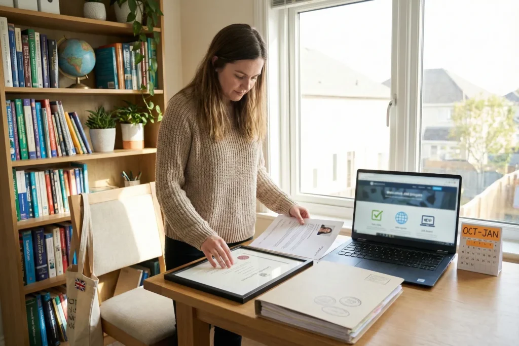 A young international teacher stands in a bright study room as she organises certificates, a CV, and job application papers on a desk. The image reflects the careful preparation needed for UK teacher recruitment and teaching work in Britain.