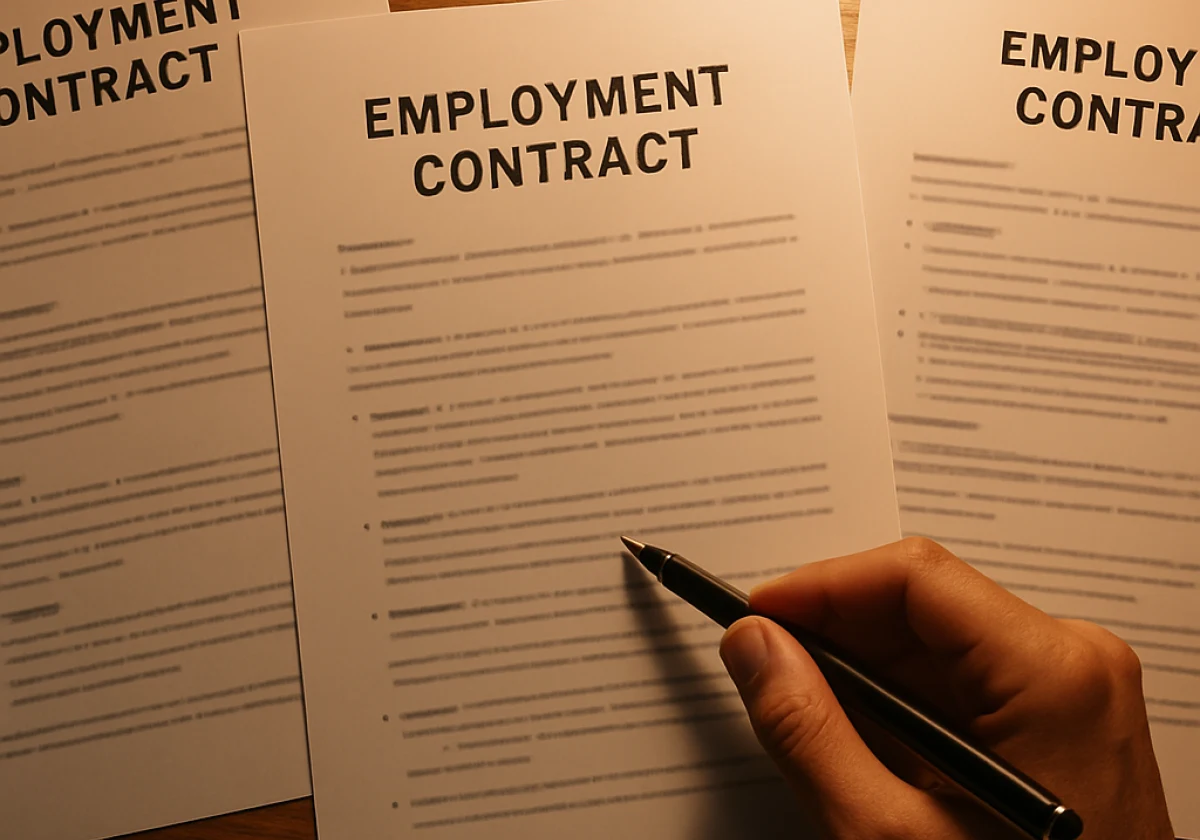 Close-up of three different employment contract documents laid flat