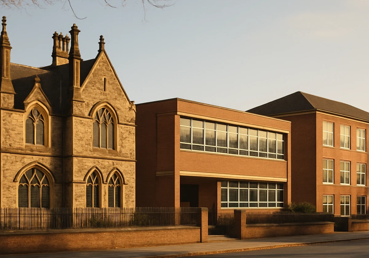Exterior view of three different British school buildings seen across