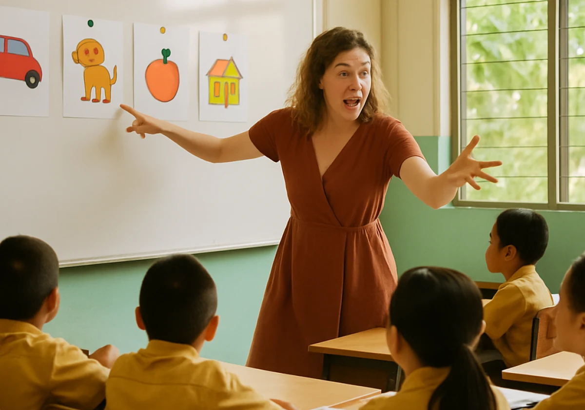 Female English teacher at the front of a Southeast Asian classroom
