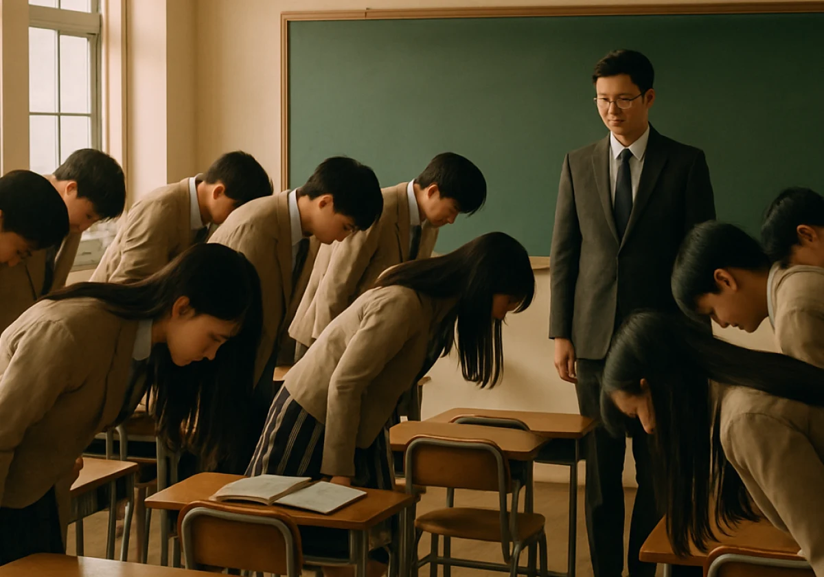 Morning in a South Korean classroom where students stand