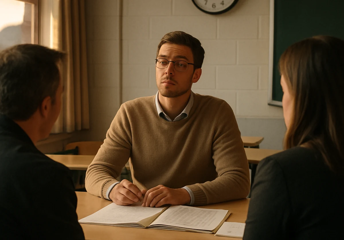 A teacher rushing a parents' evening due to limit in time