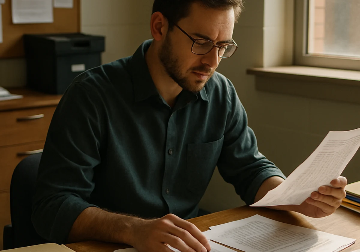 Teacher sitting alone at a wooden desk in a school office