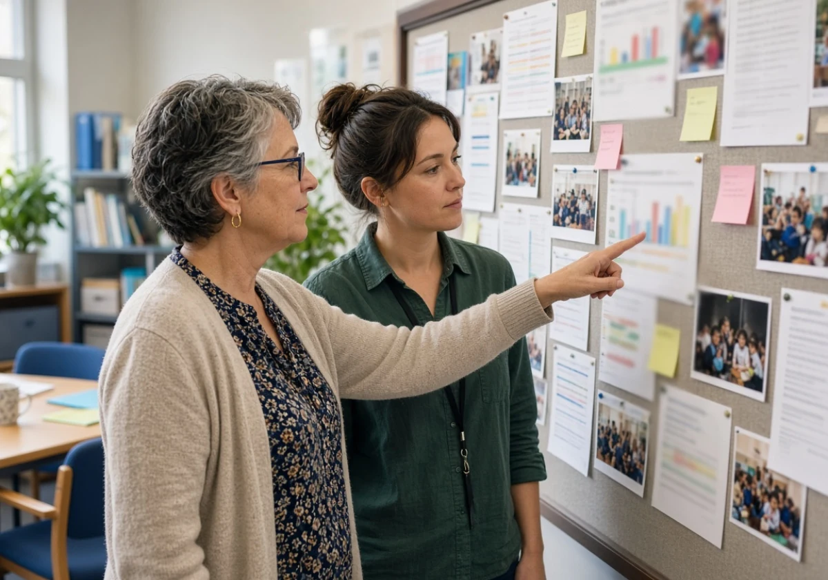 Veteran international teacher standing next to a younger colleague