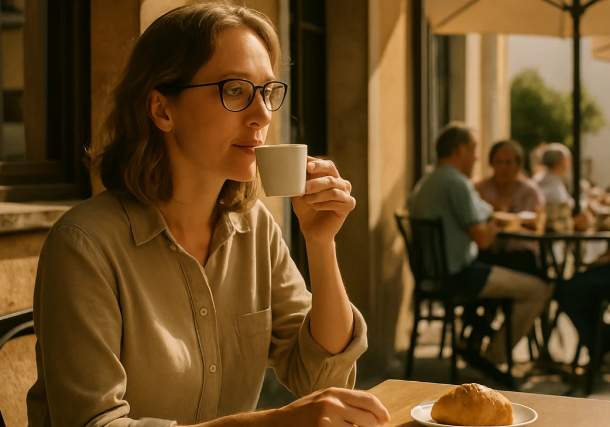 Western English teacher sitting alone at a small table