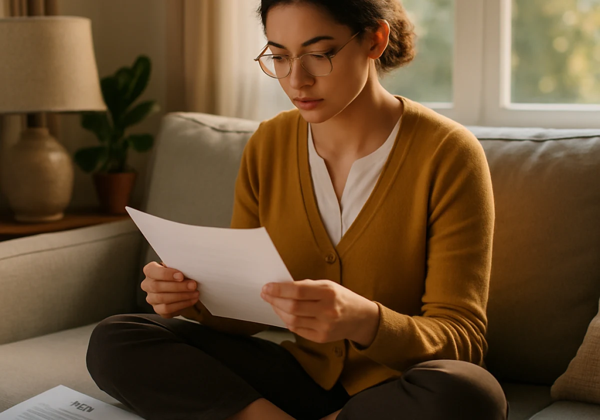 Young professional teacher sitting cross-legged on a living room sofa